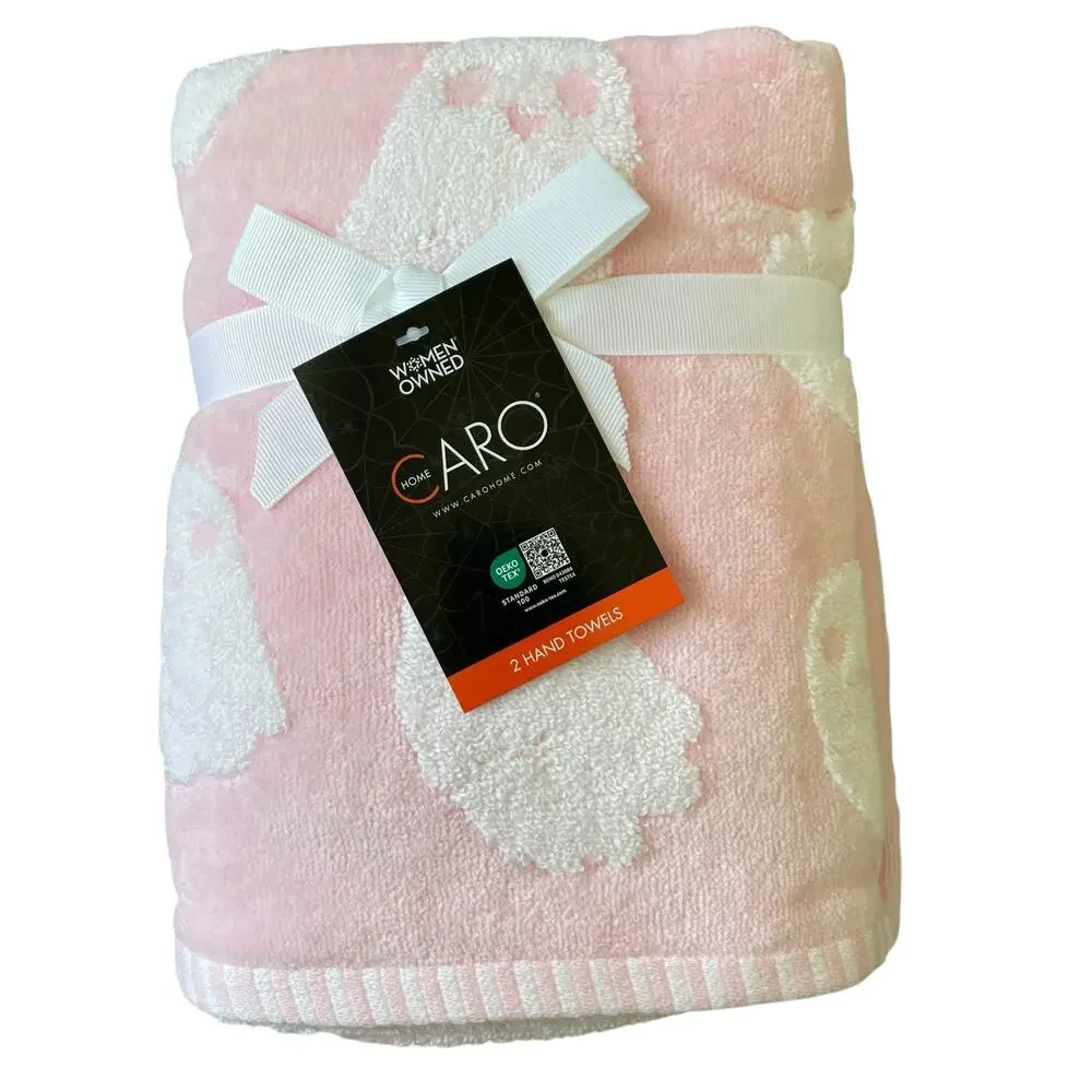 Caro Home Halloween Ghost Hand Towels 18x28 Plush Pink & White Set of 2 New